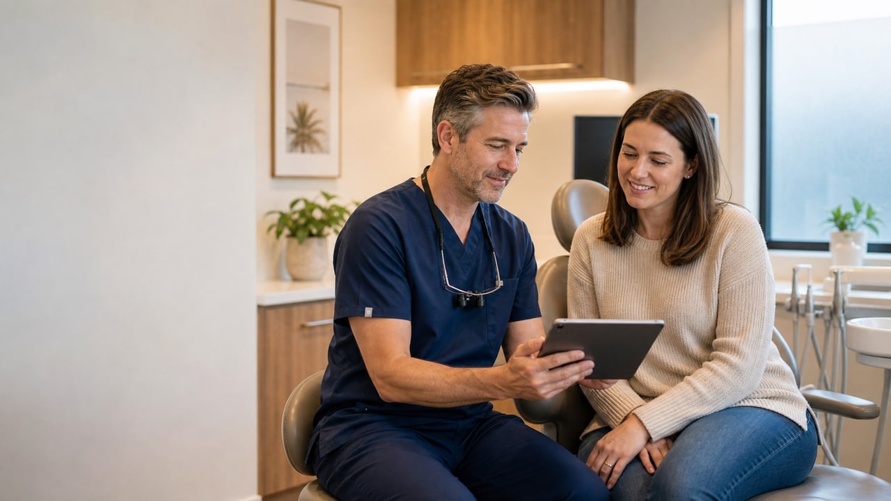 Dentist explaining a tooth-coloured filling plan to a patient