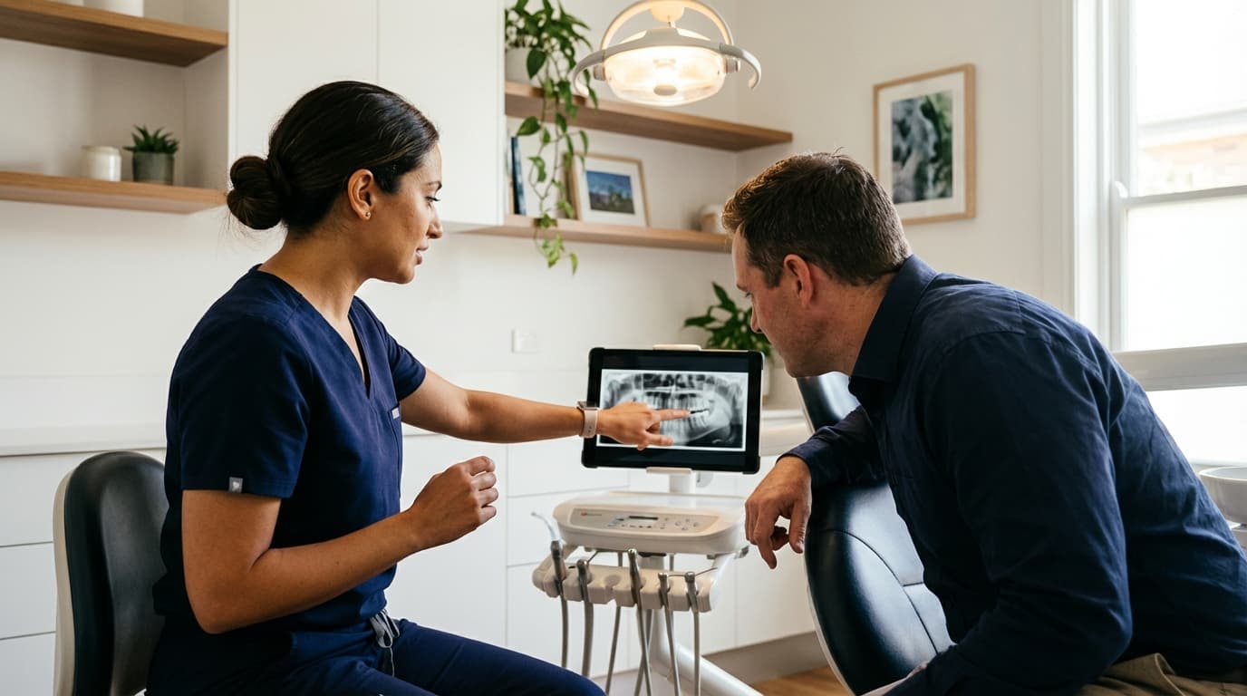 Dentist reviewing digital assessment findings with a patient