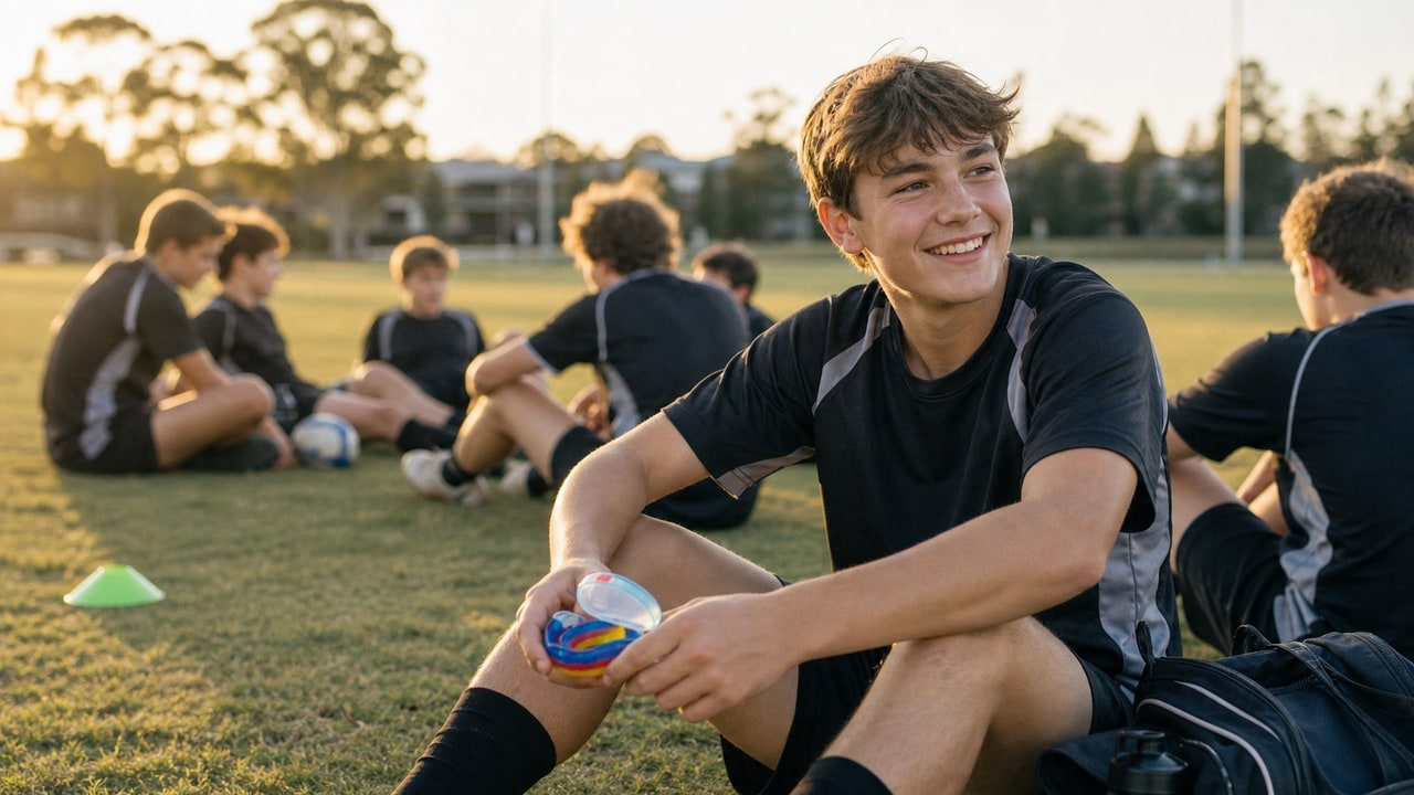 Teen athlete holding a custom mouthguard case after training