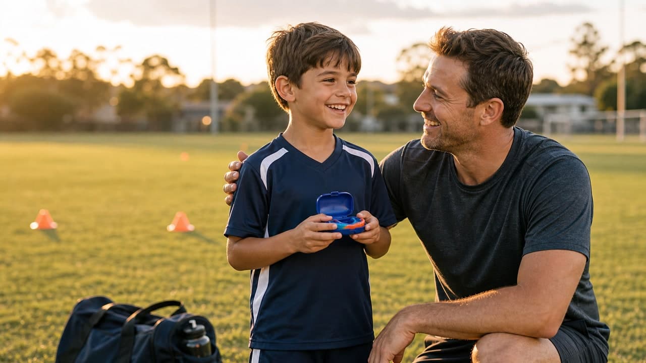 A brightly coloured custom kids mouthguard alongside a sports bag and water bottle