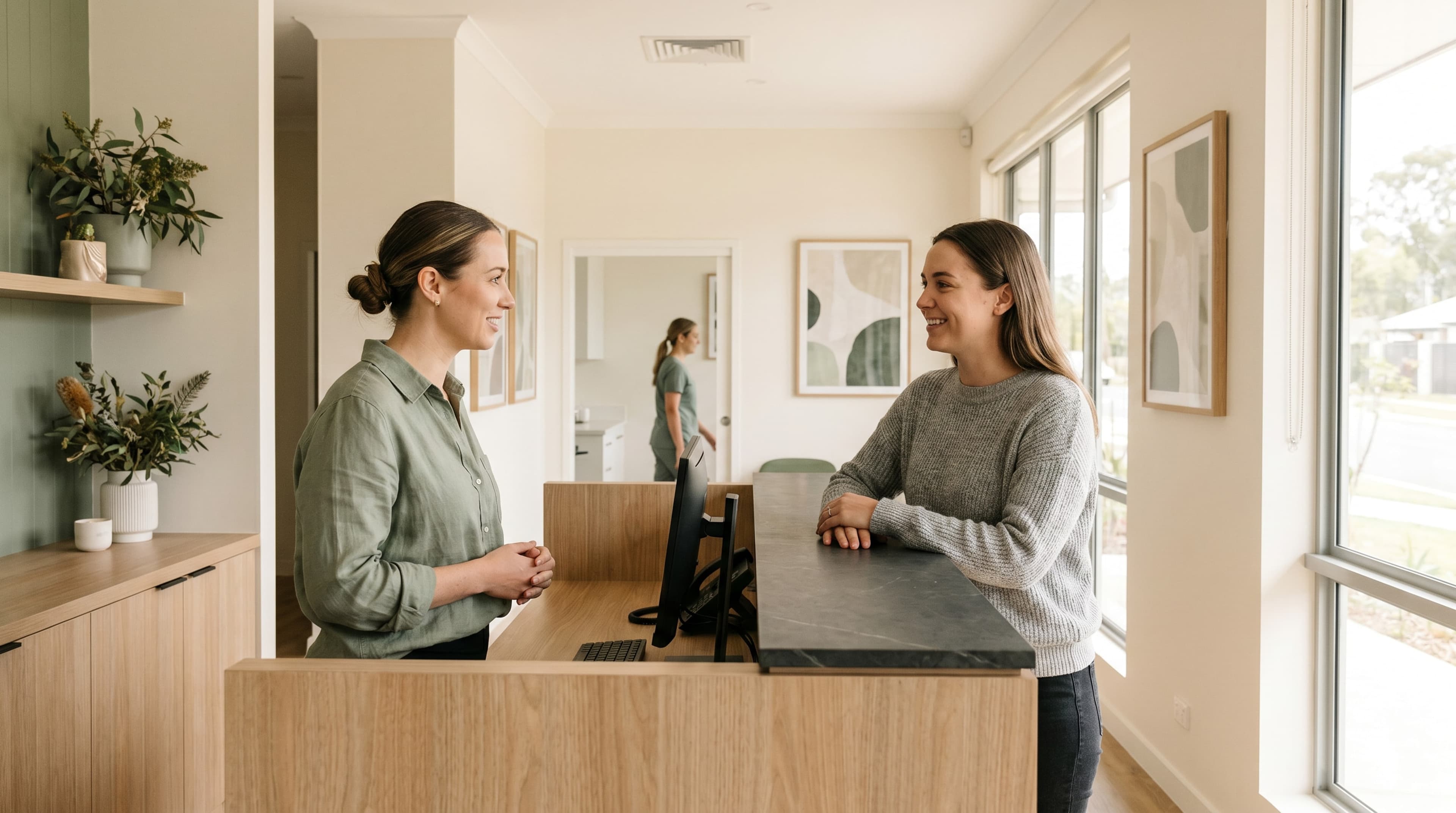 Reception area at Joyner Family Dental with front desk and welcoming entry