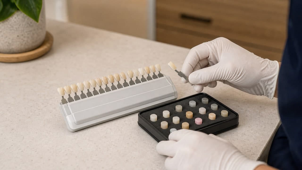 Composite resin shade guide used at Joyner Family Dental to match filling colour to natural teeth