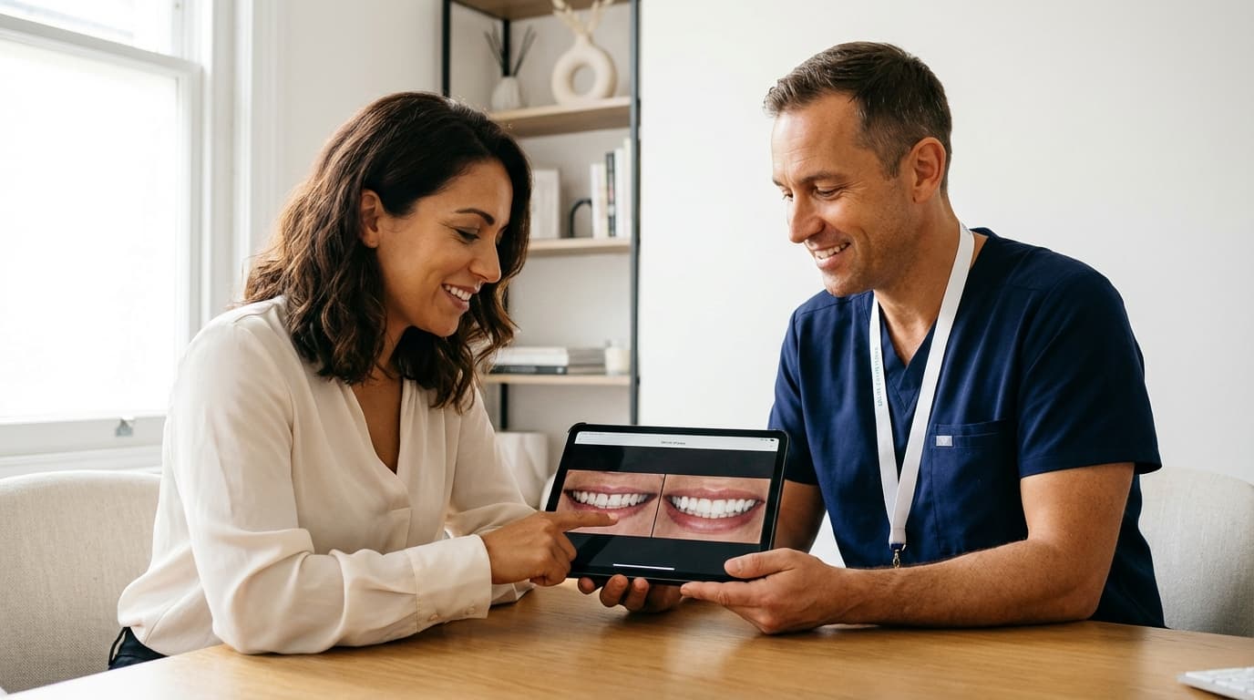 Dentist discussing dental bonding shape and shade options with a patient