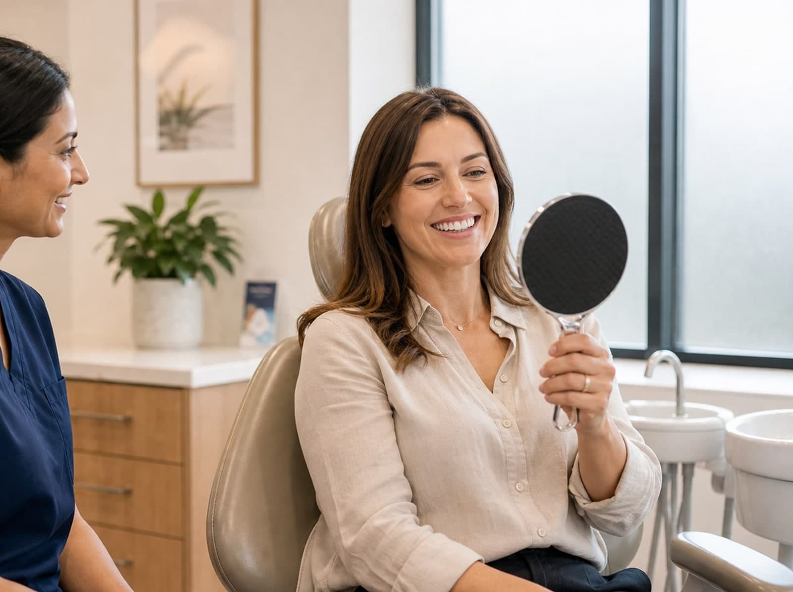 Patient reviewing a brighter smile in a hand mirror