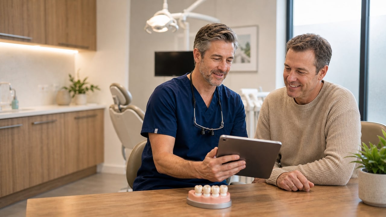 Dentist and patient reviewing crown and bridge options on a tablet