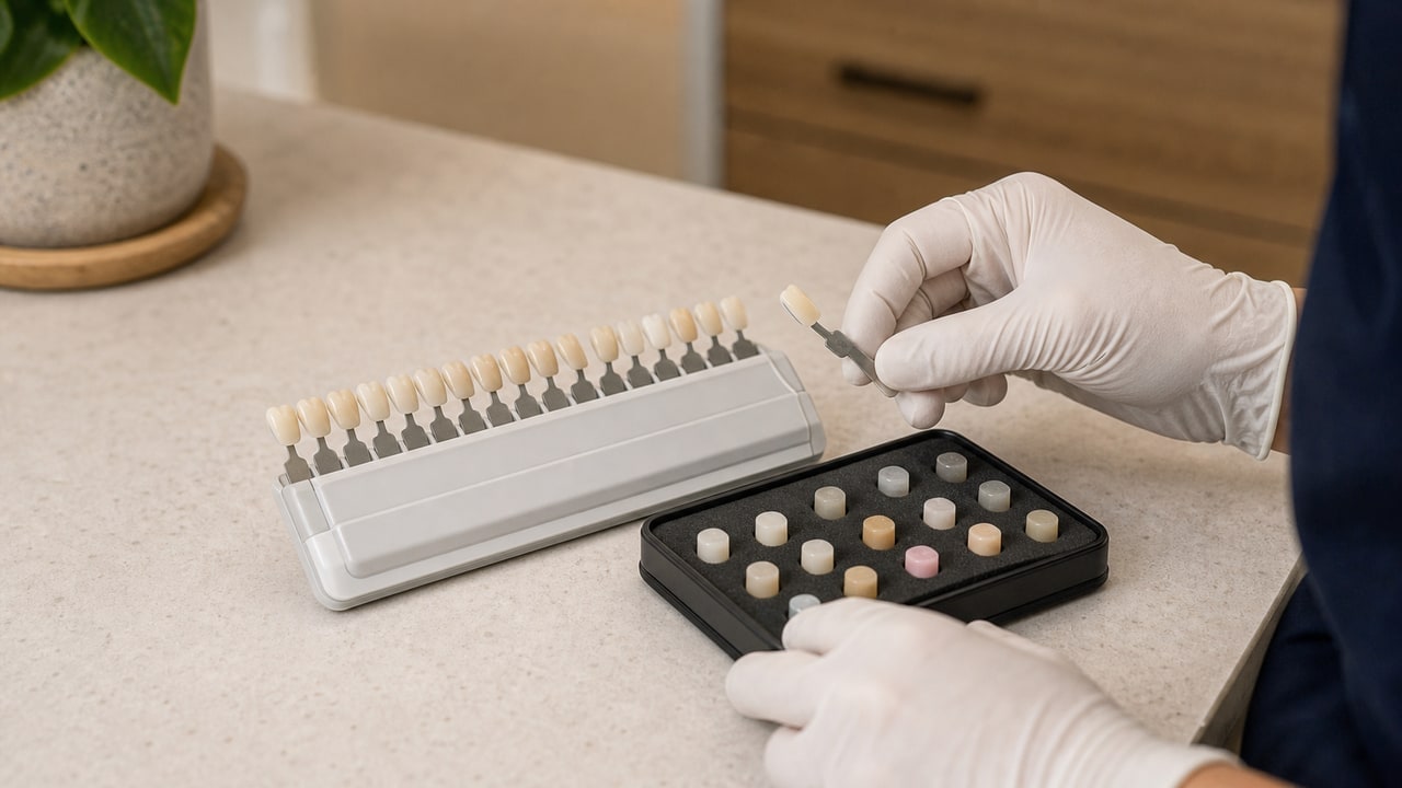 Composite shade guide and restorative materials on a clinic bench