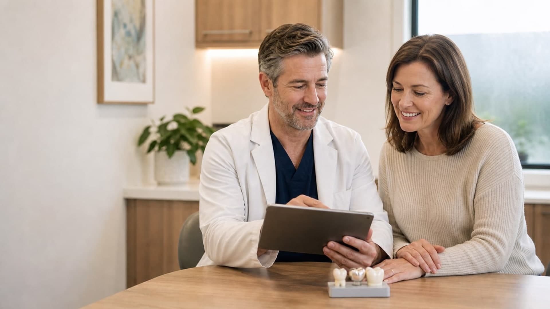 Dentist explaining whitening shade options during consultation