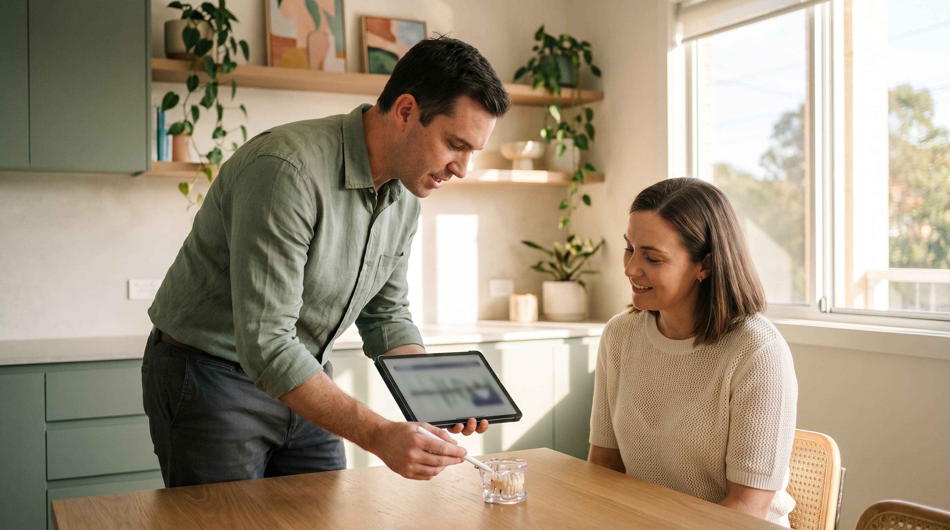 Dentist explaining treatment plan findings on a screen to a patient