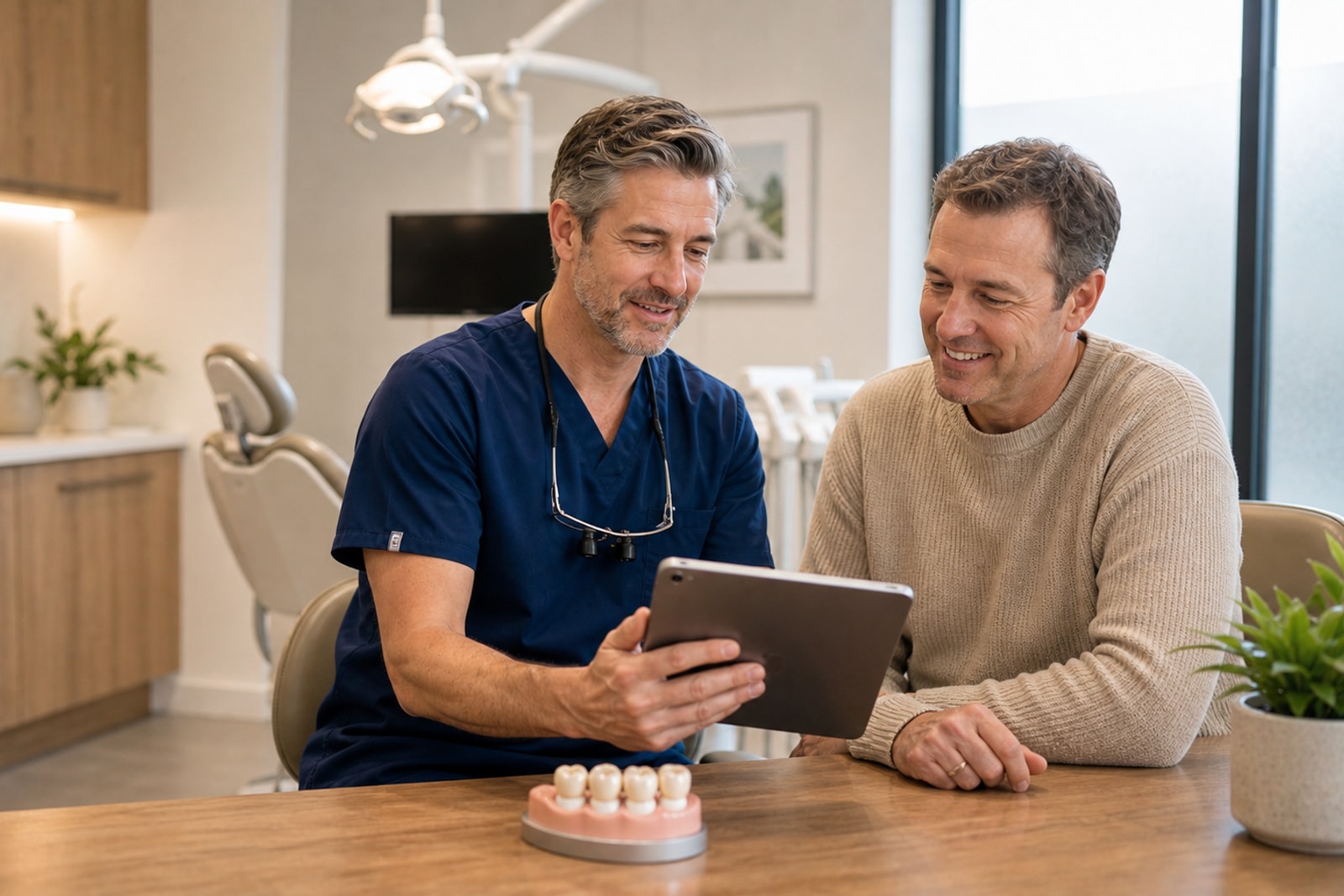 Patient reviewing denture treatment options with a dentist in a warm consultation room