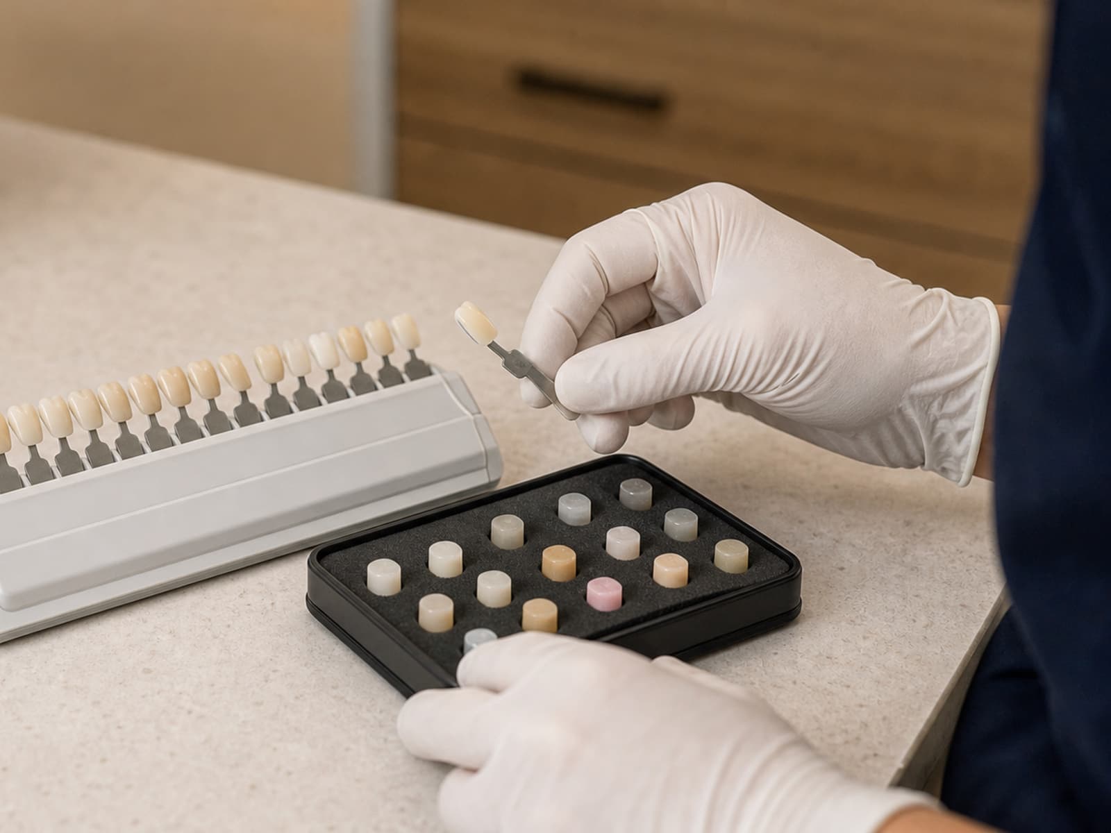 Composite shade guide and tooth-coloured filling materials on a clinic bench