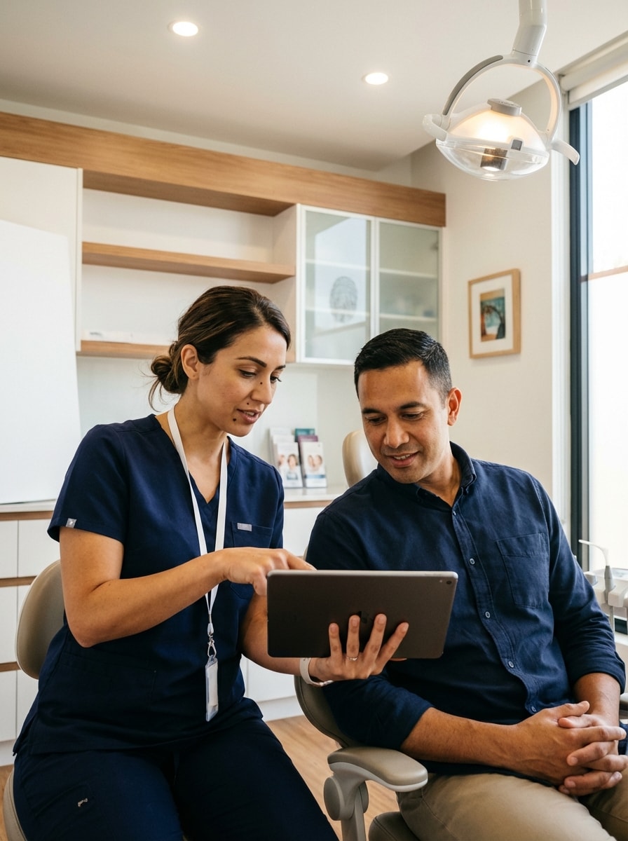 Dentist reviewing clear aligner treatment options with a patient