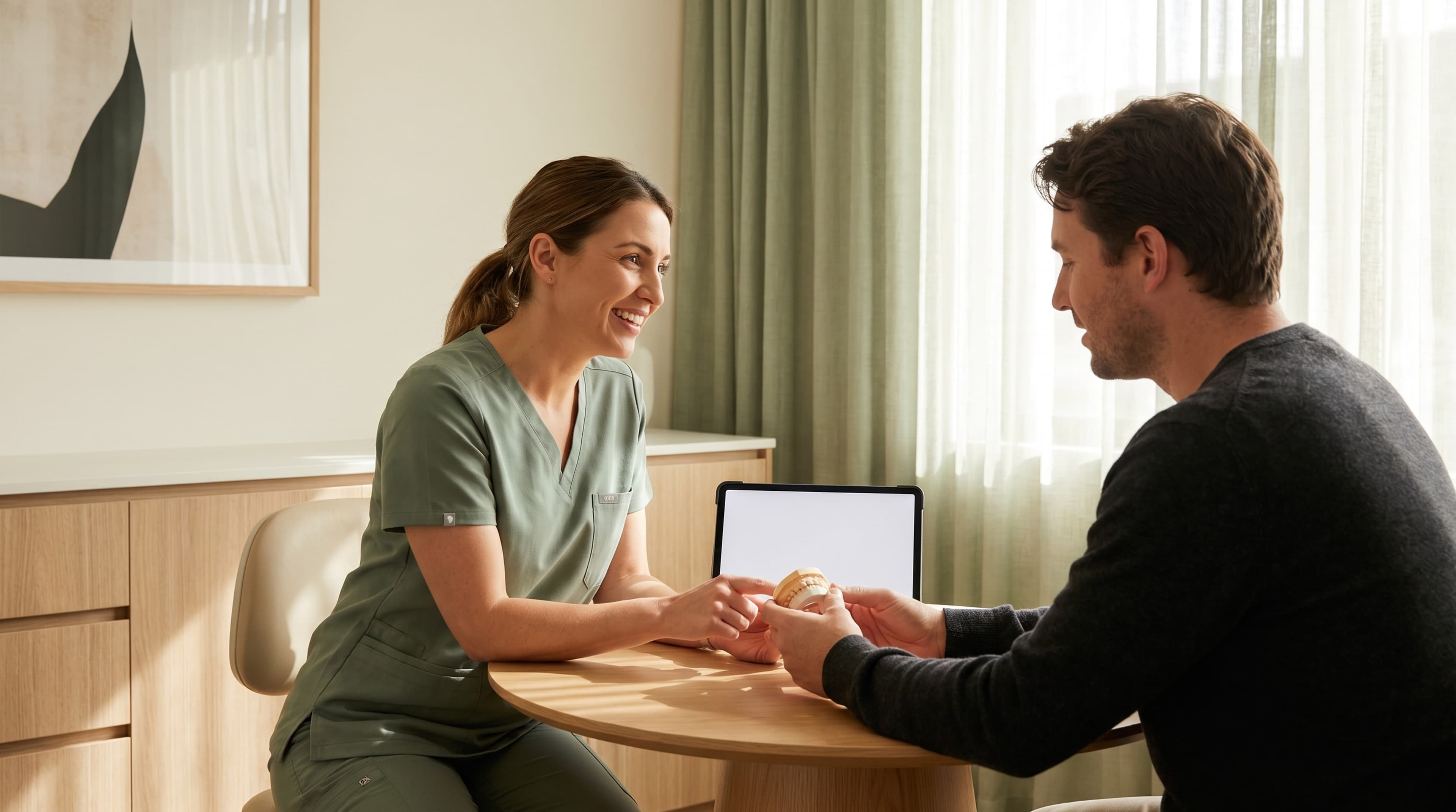 Patient and dental team member discussing treatment planning at reception