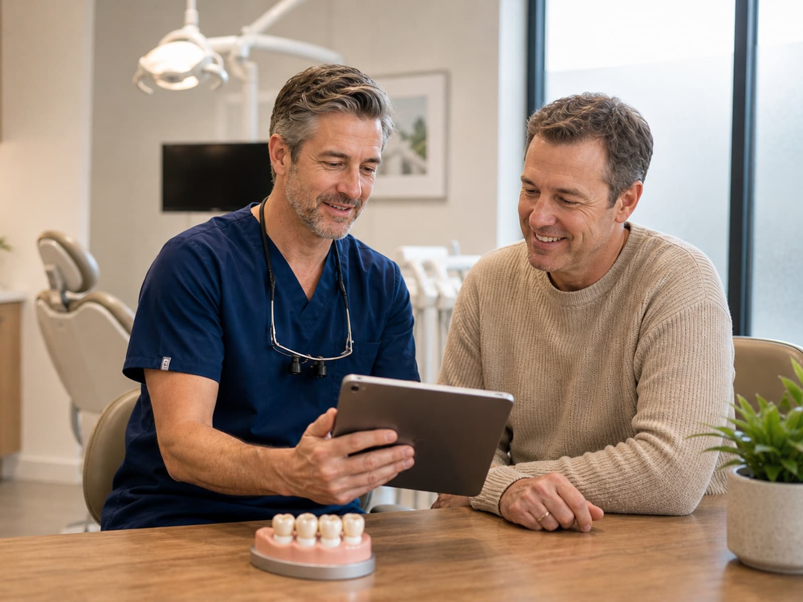 Dentist discussing treatment options and costs with a patient