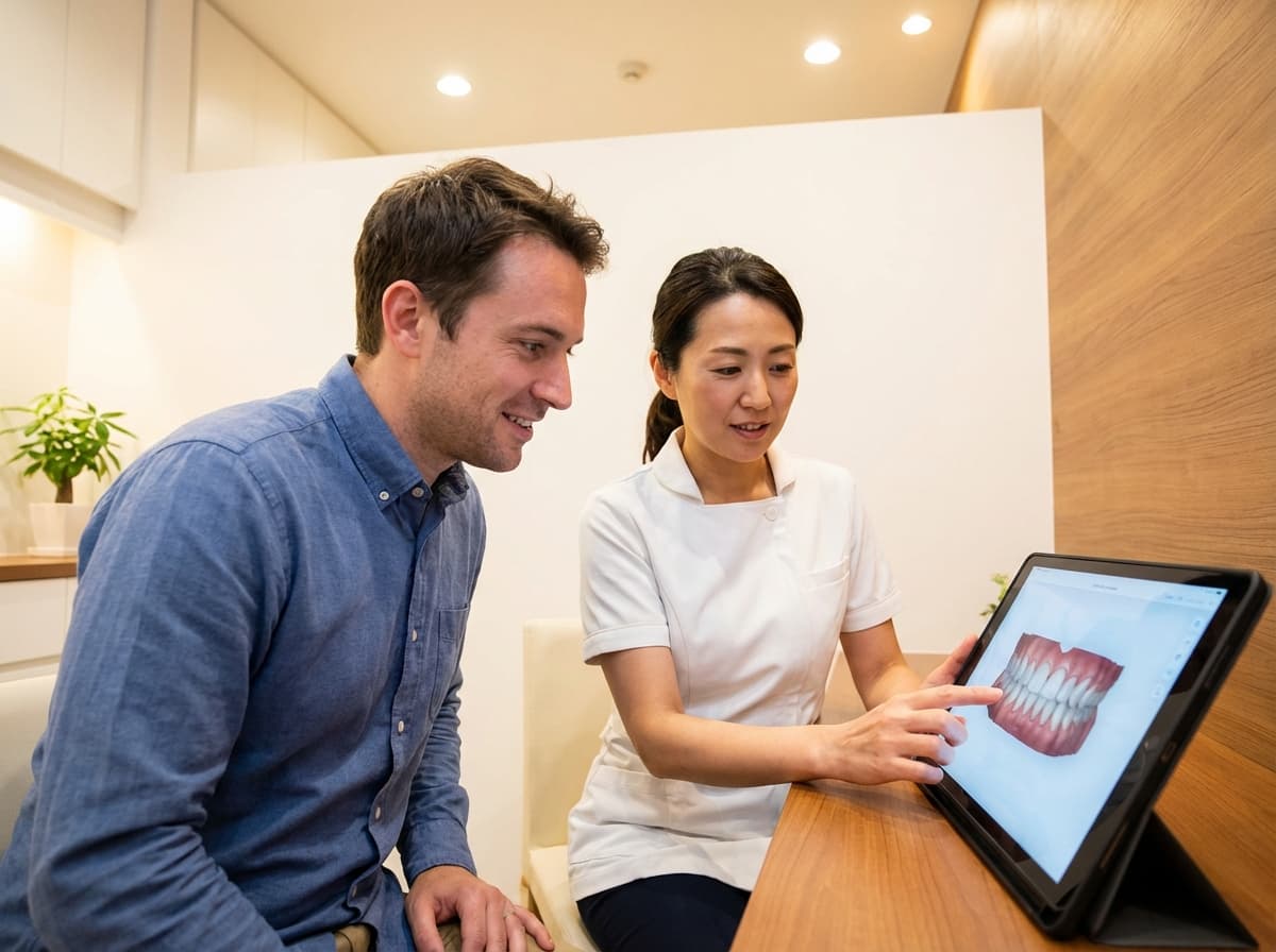High-resolution screen showing a Digital Smile Design preview — proposed smile modelled on a patient facial photograph