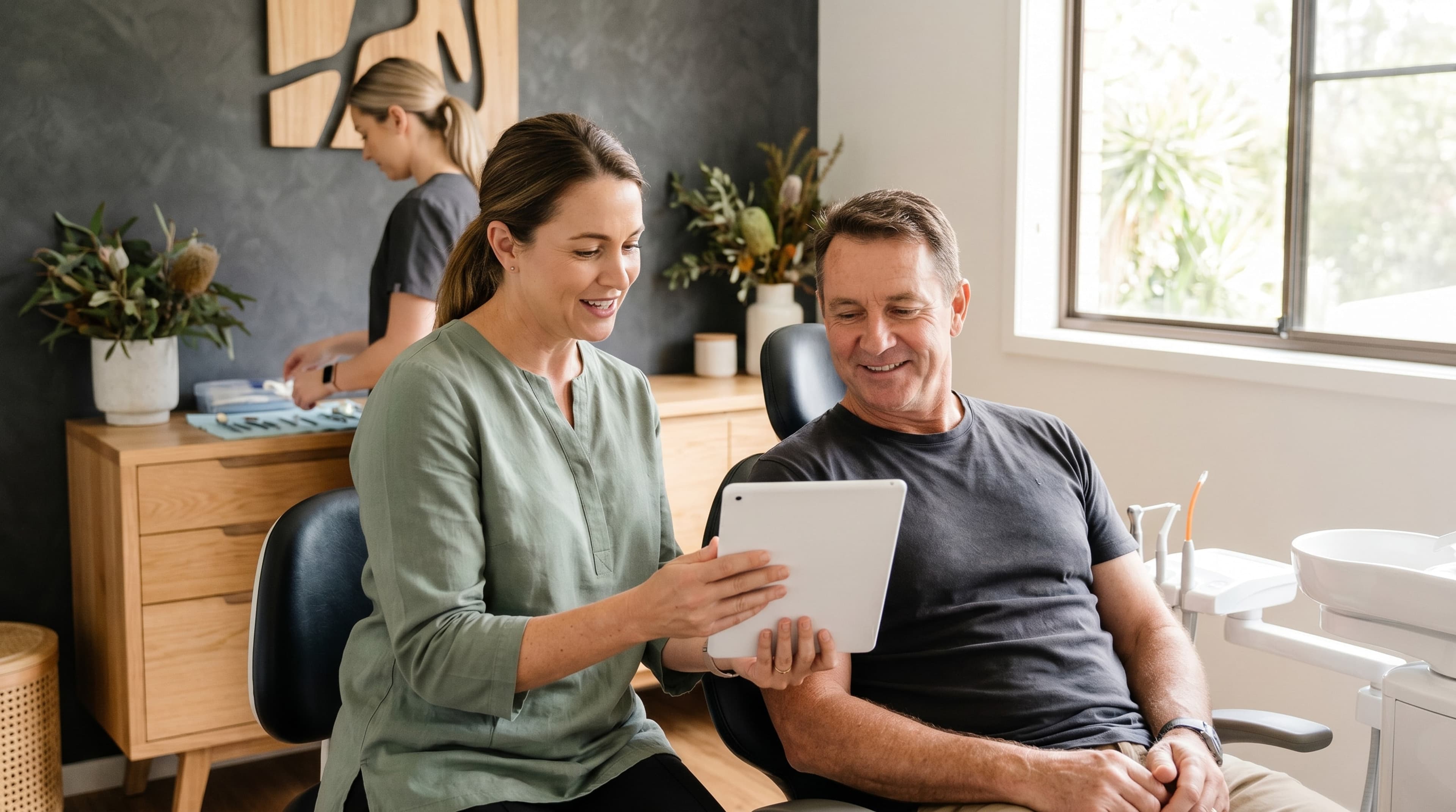 Dentist reviewing check-up findings with a patient