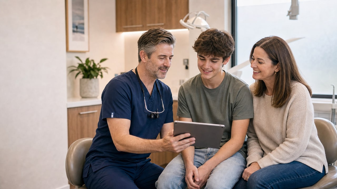 Young adult and parent discussing wisdom teeth options with a dentist