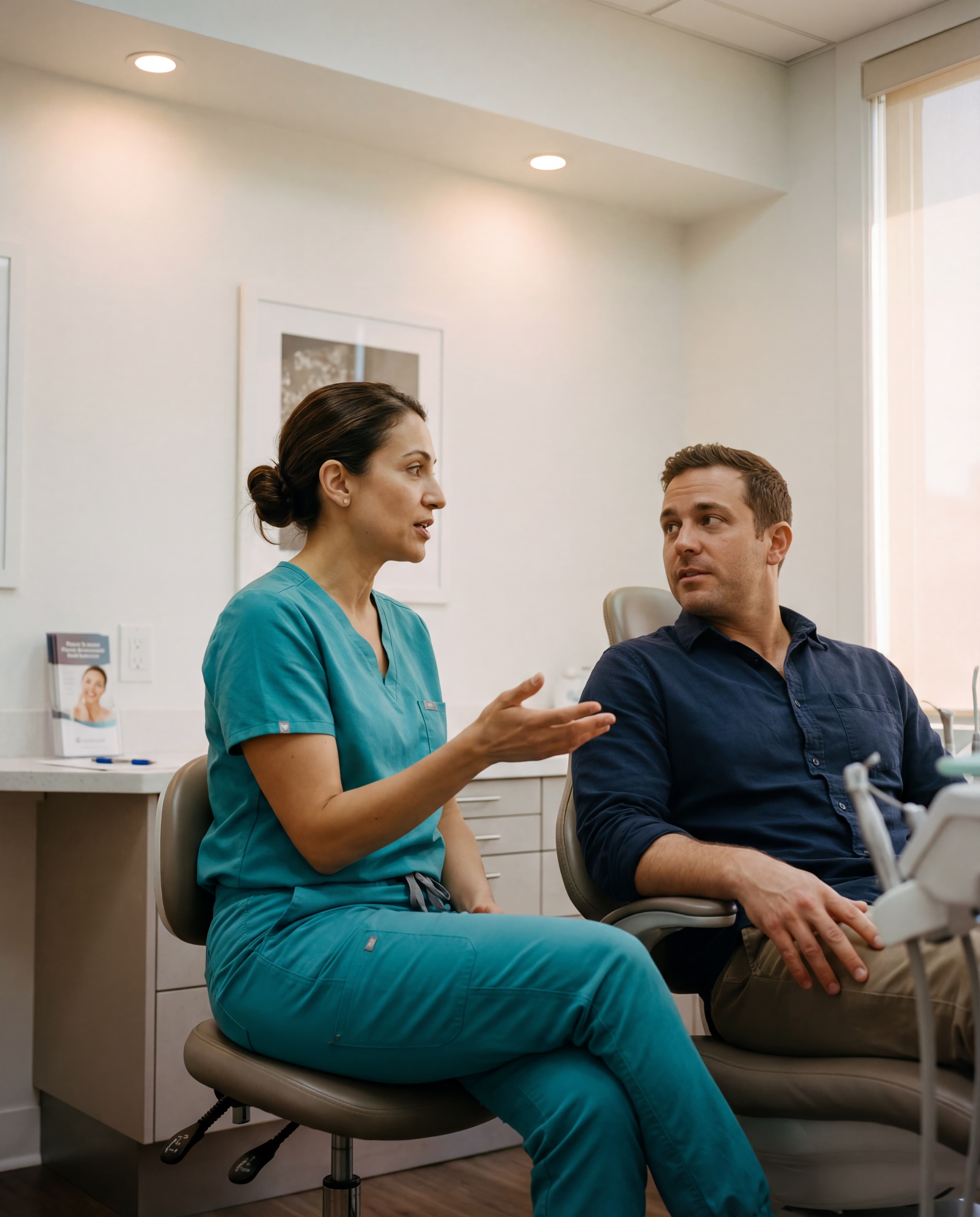 A patient in a relaxed consultation with their dentist at Joyner Family Dental before a tooth extraction